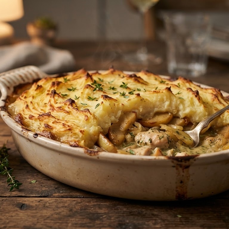 Ovenschotel kip met appeltjes en puree