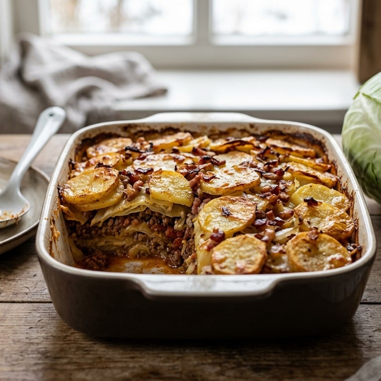 Ovenschotel met aardappelen en spitskool