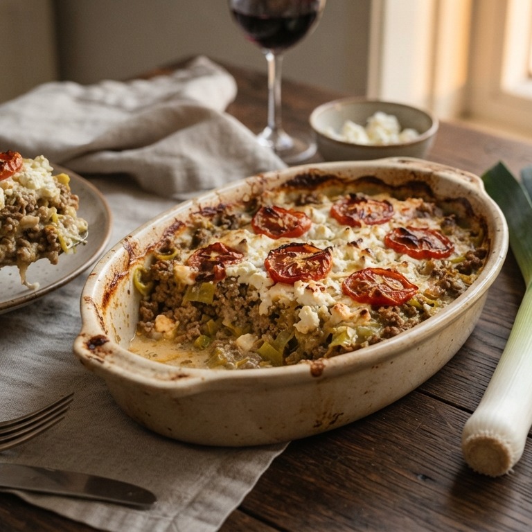Ovenschotel met gehakt, feta, prei, mosterd en tomaat
