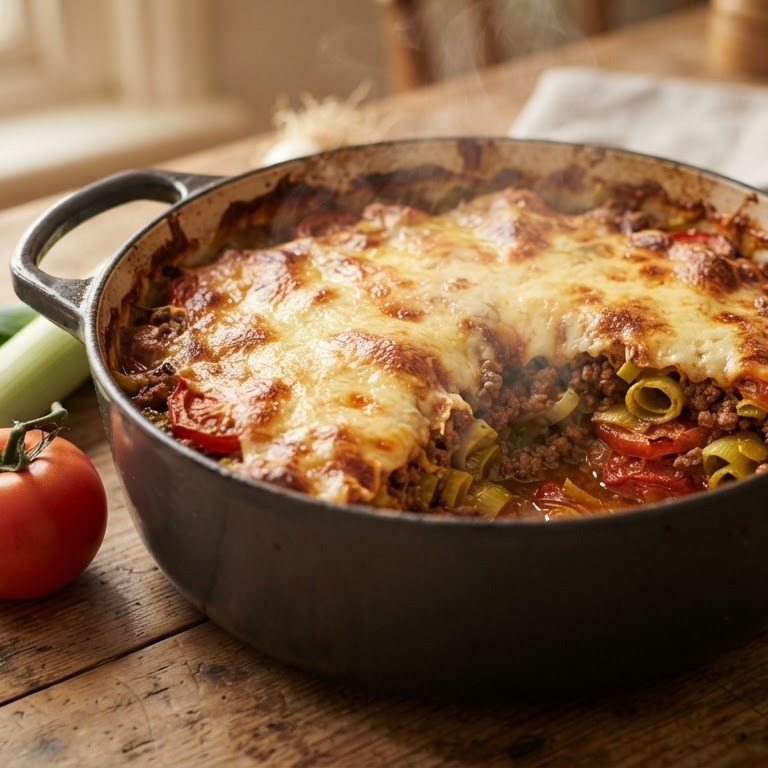 Ovenschotel met gehakt, prei en tomaat