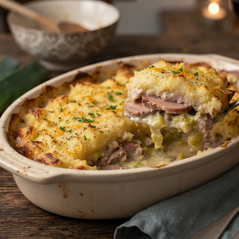 Ovenschotel met hamlappen en prei