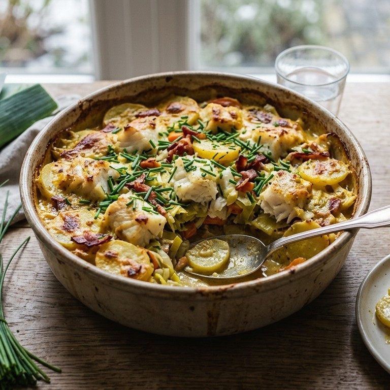 Ovenschotel met kabeljauw met groenten en spekjes