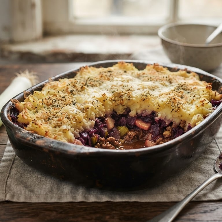 Ovenschotel met rode kool en gehakt