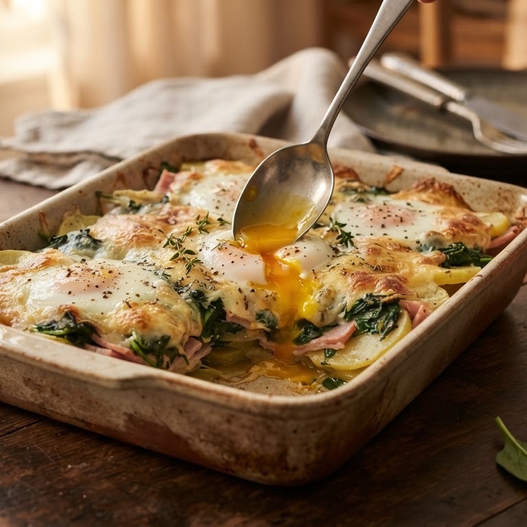 Ovenschotel met spinazie, ham en ei