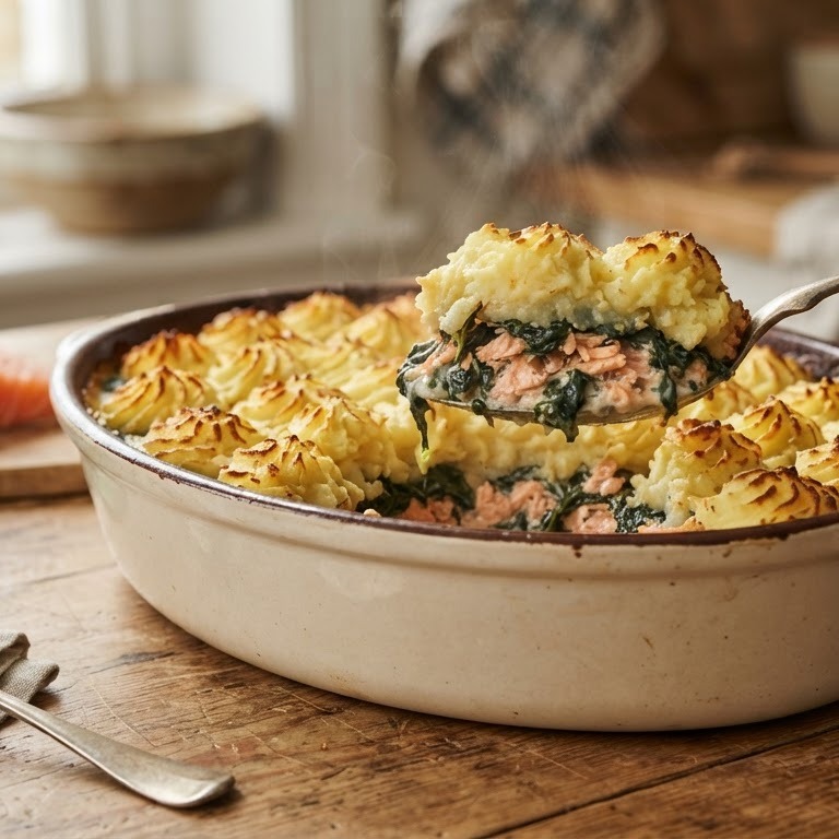 Ovenschotel met spinazie, zalm en aardappelpuree