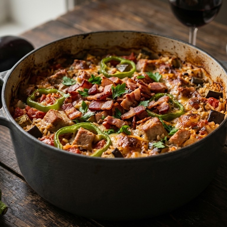 ovenschotel met varkensfilet, paprika en aubergine