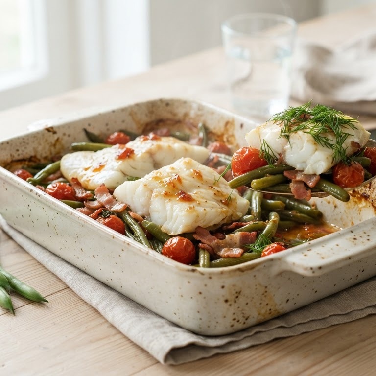 Ovenschotel met vis & sperziebonen