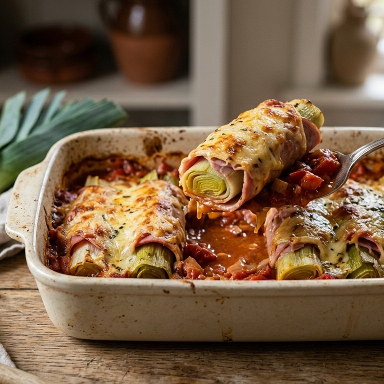 Ovenschotel prei, ham, kaas en tomatensaus