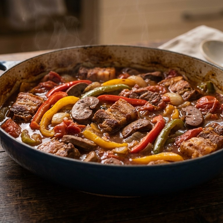 Ovenschotel van varkenslappen en varkensnier met paprika's