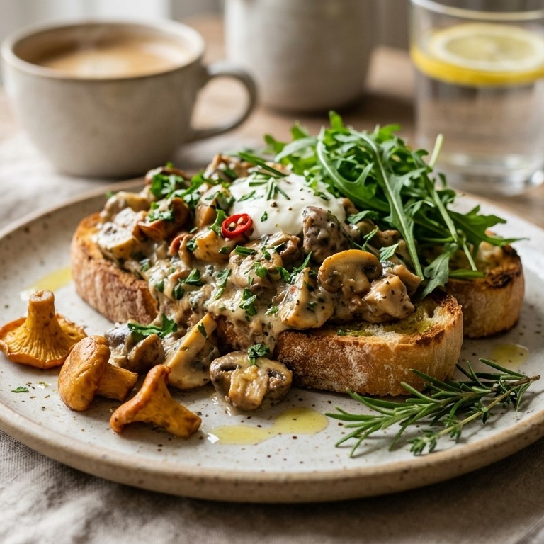Paddenstoelenragout met kruiden en room voor de brunch