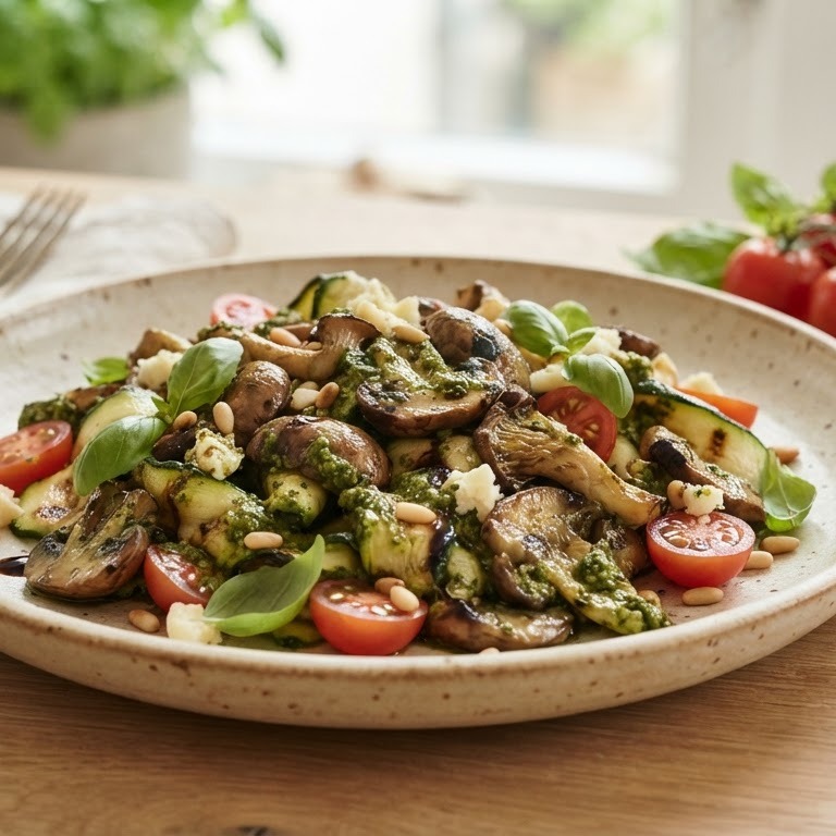 Paddenstoelensalade met courgettes en groene pesto