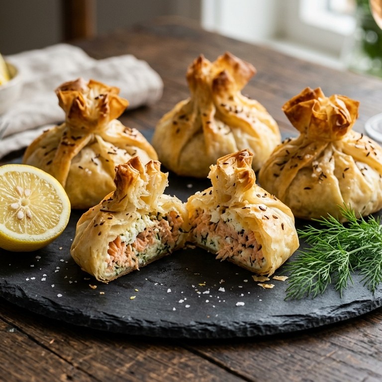 Pakketjes met zalm,feta en kruiden voor brunch
