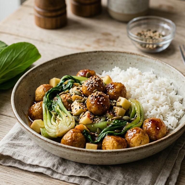 Paksoi met rijst en toebehoren