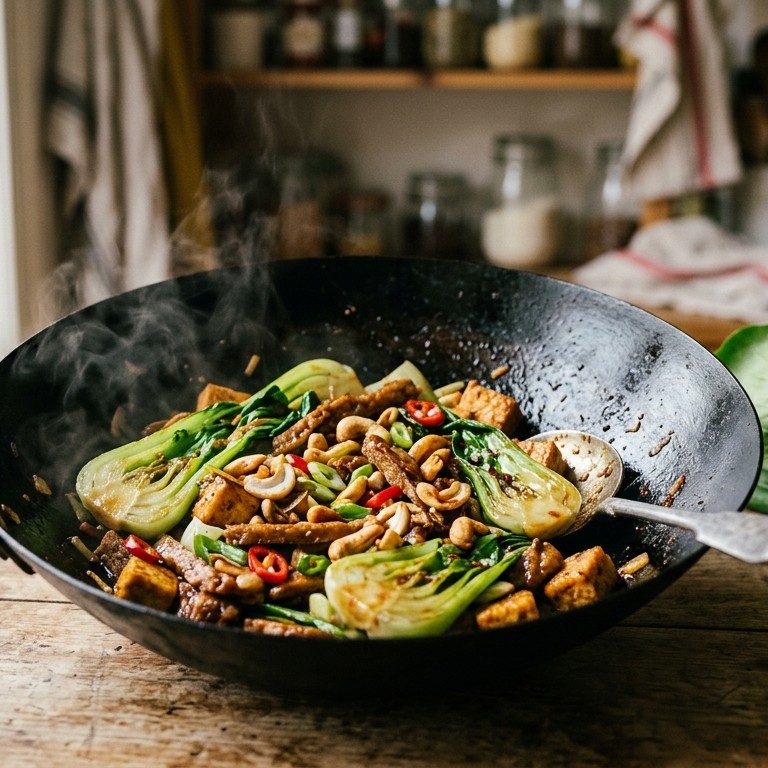 Paksoi met tarly, tofu en cashewnoten