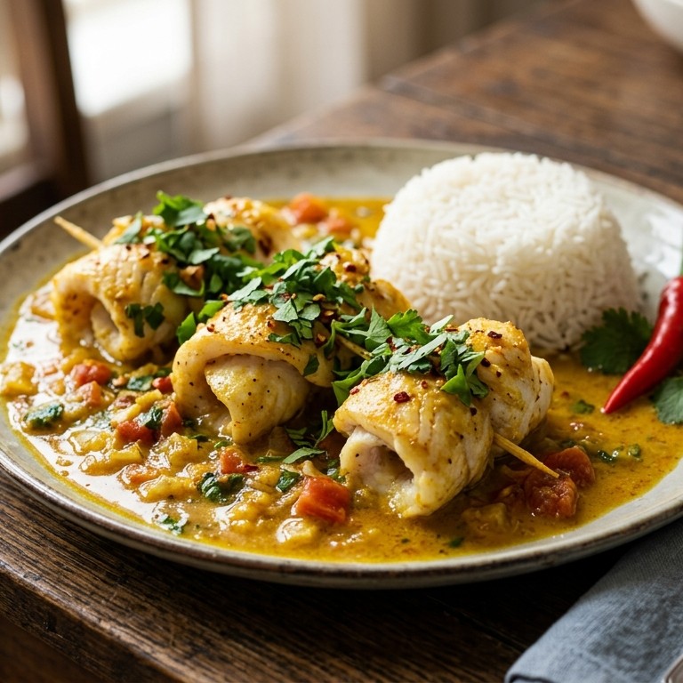 Pangarolletjes met hete kerriesaus en rijst