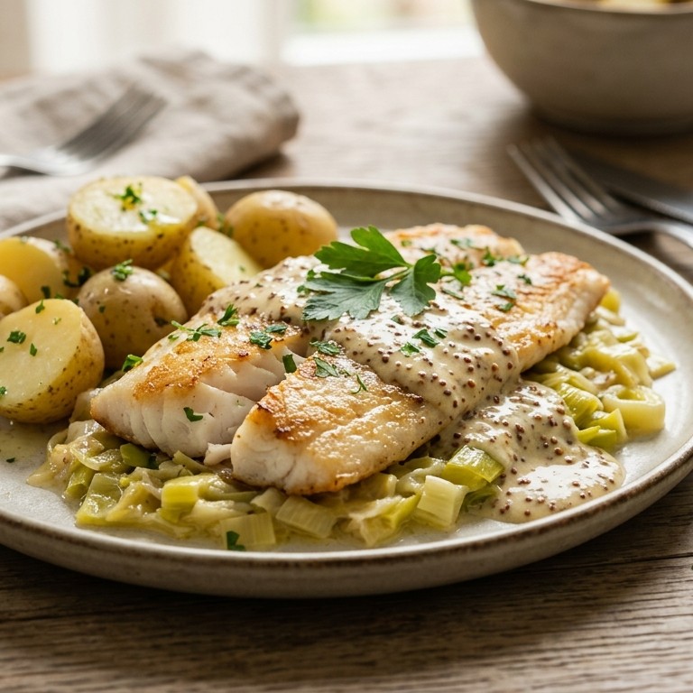 Pangasius met prei en mosterdsaus