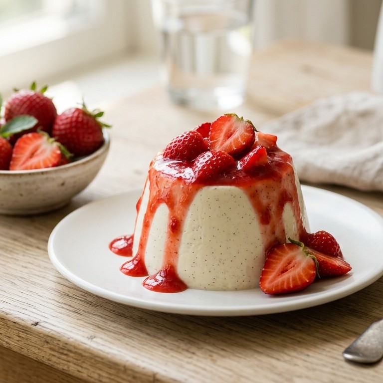 Panna cotta met aardbeien en aardbeiensaus