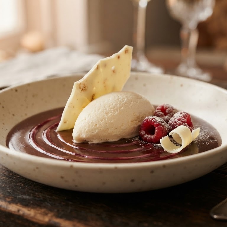 Panna Cotta roomijs met chocoladesoep en frambozensiroop