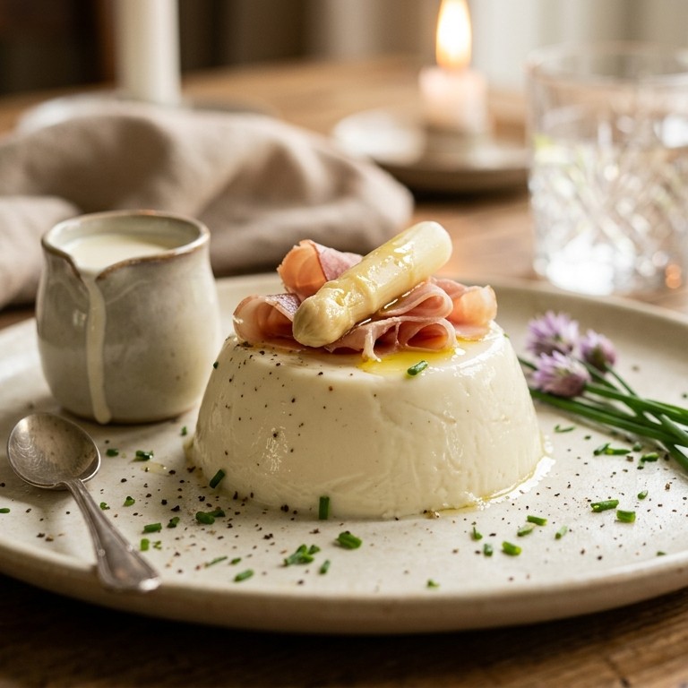 Panna cotta van asperges met gekookte ham
