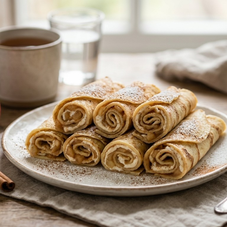 Pannenkoekrolletjes met appelmascarpone en kaneel