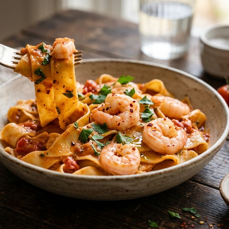 Pappardelle met tijgergarnalen en wodkasaus