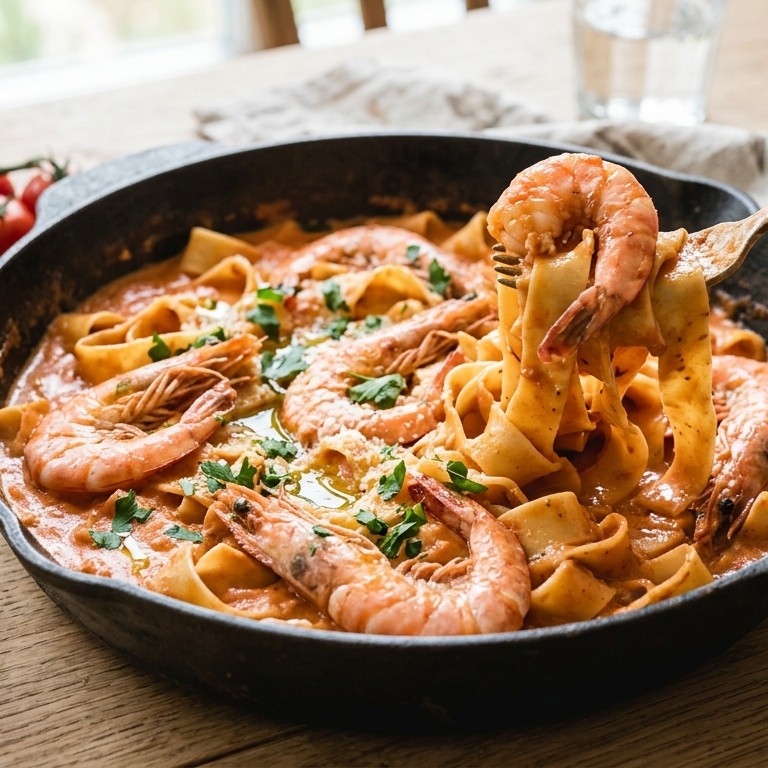 Pappardelle met tijgergarnalen en wodkasaus