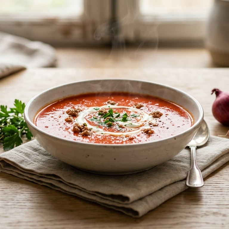 Paprika-roomsoep met gehakt