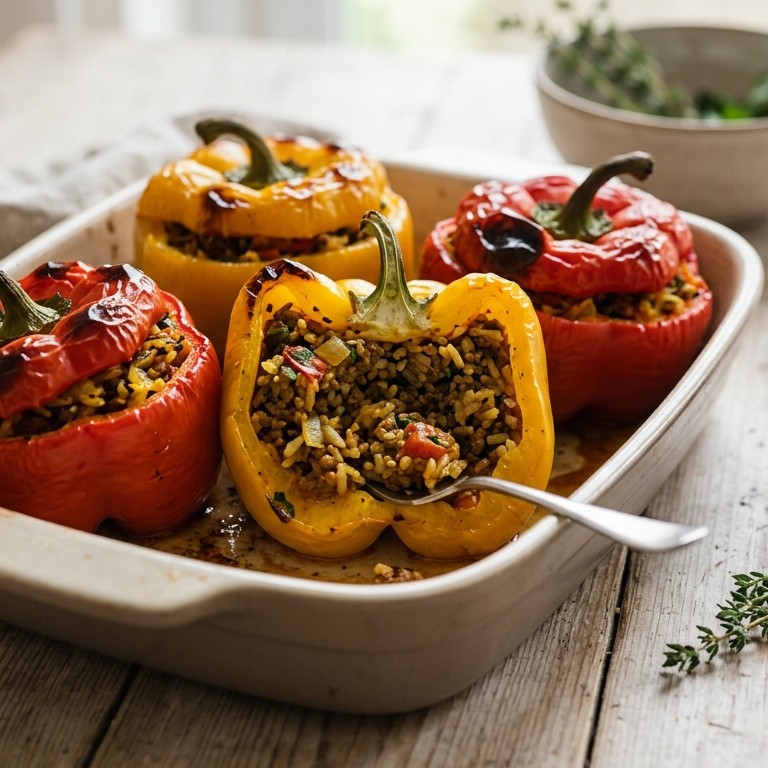 Paprika's, gevuld met gekruid gehakt