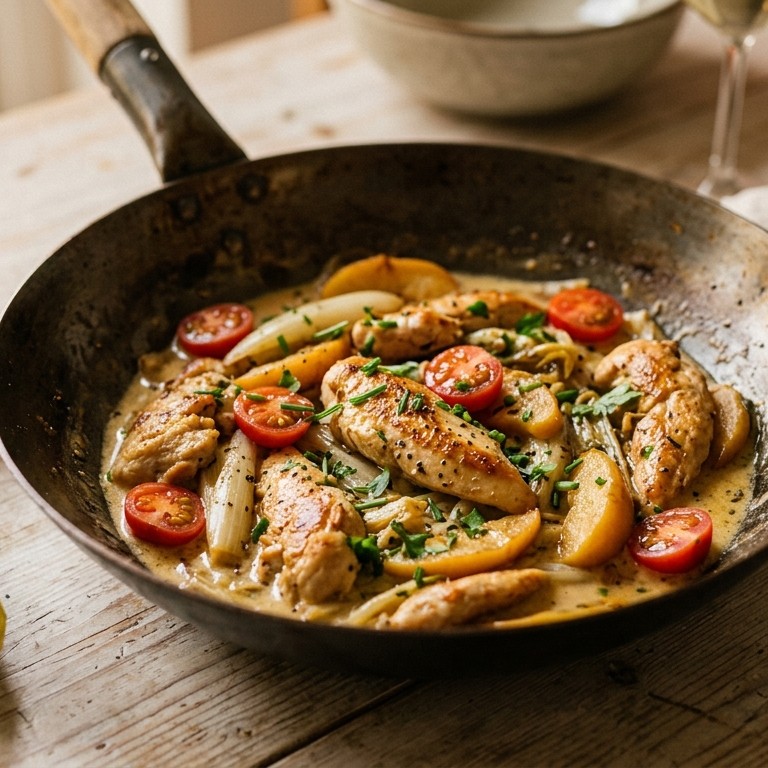 Parelhoenreepjes met witlof en appel in de wok