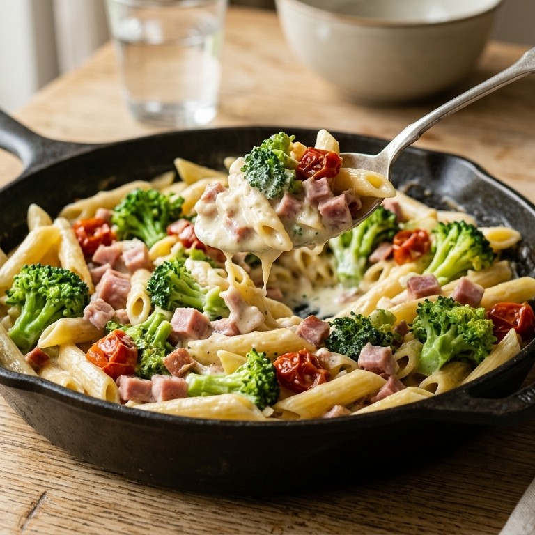 Pasta met broccoli en han in roomsaus