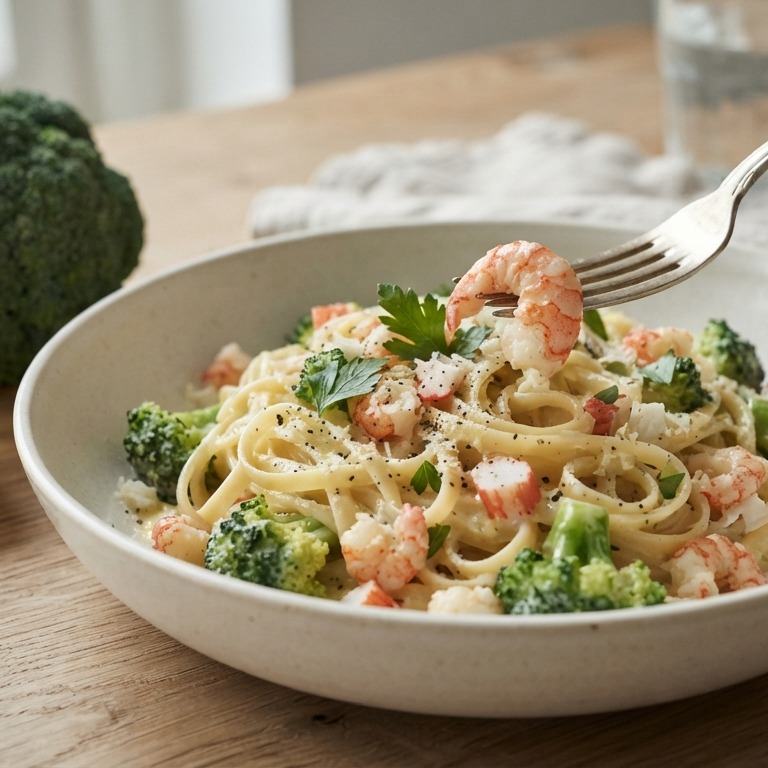 Pasta met broccoli, surimi en rivierkreeftjes