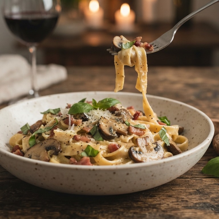 Pasta met champignons, spekjes en basilicum