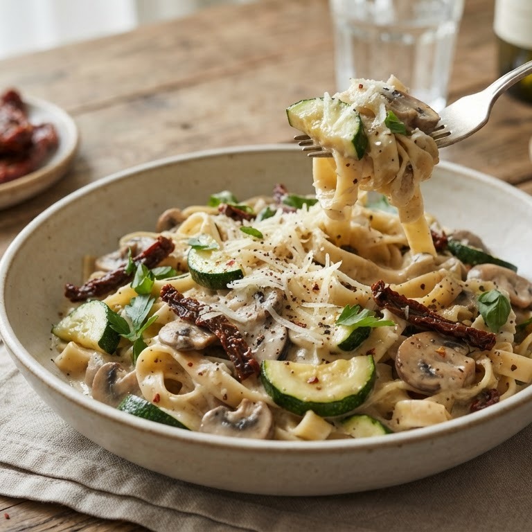 Pasta met courgette en gedroogde tomaten