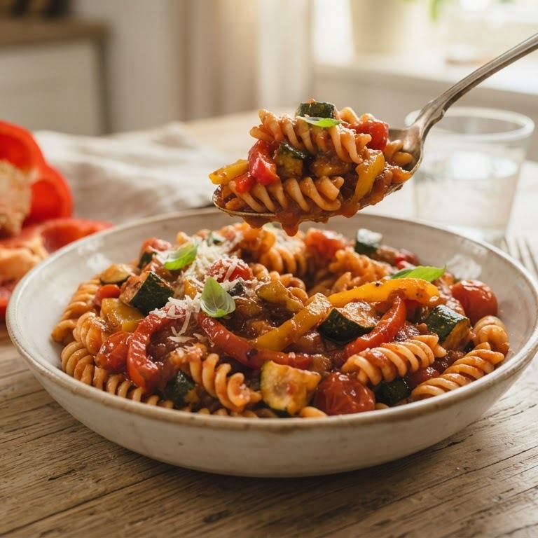 Pasta met courgette en paprika