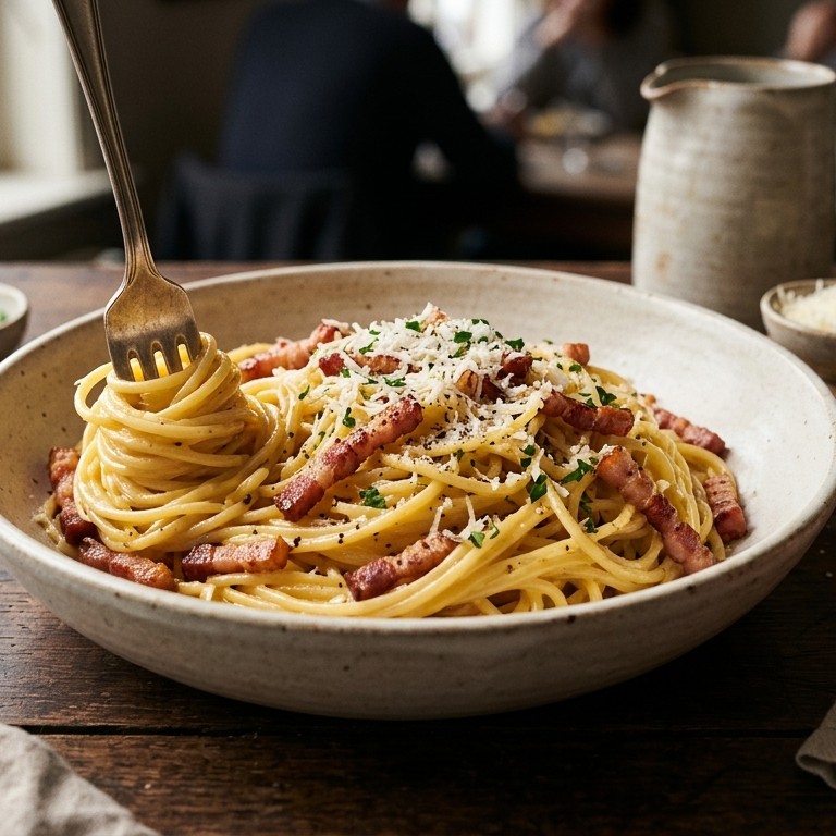 Pasta met ei, spek en kaas