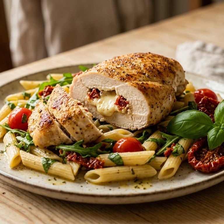 Pasta met feta gevulde kipfilet