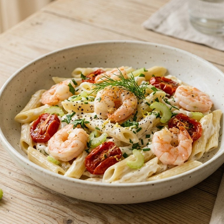 Pasta met gamba's en geitenkaassaus