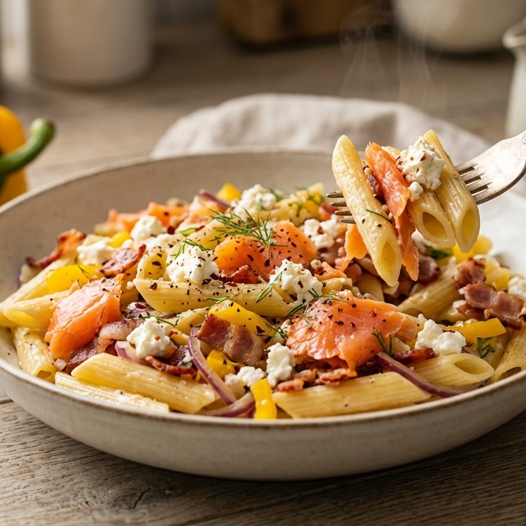 Pasta met gerookte zalm, feta en spekjes
