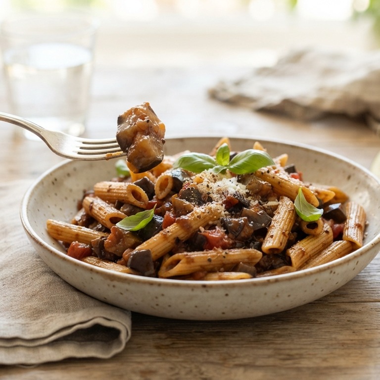 Pasta met gestoofde aubergine en tomaat