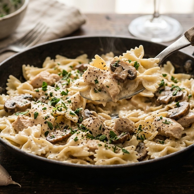 Pasta met kip en champignons