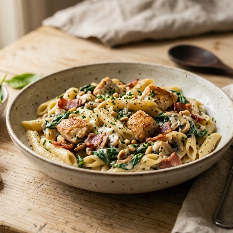 Pasta met kip,spinazie,bacon en kruidenroomkaas