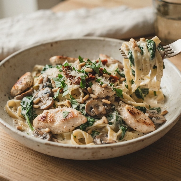 Pasta met kip, spinazie, champignons en boursin
