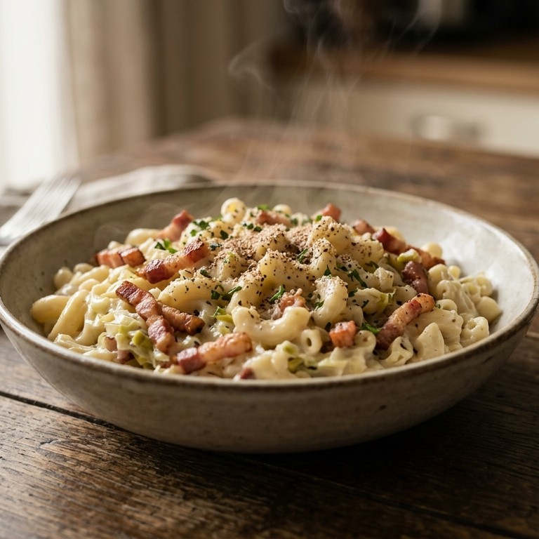 Pasta met preisaus en spekjes
