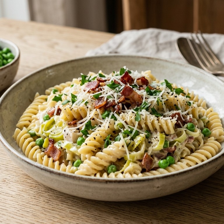 Pasta met romige prei en baconsaus