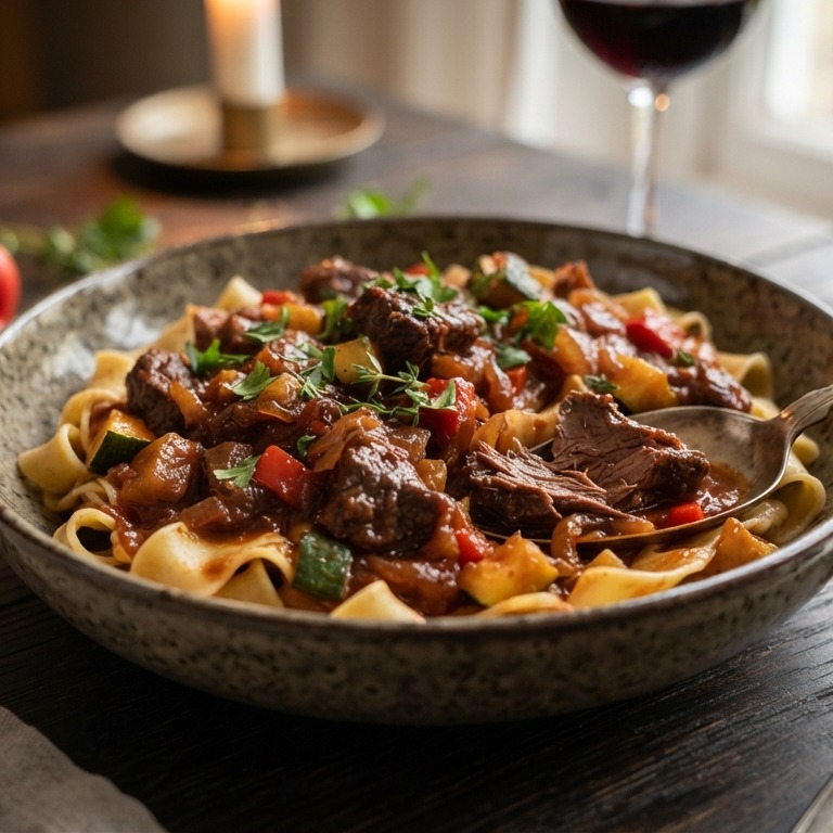 Pasta met runderstoofpotje