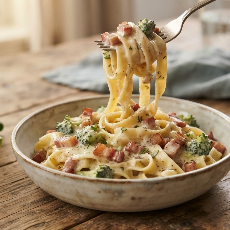 Pasta met spekjes en boursin