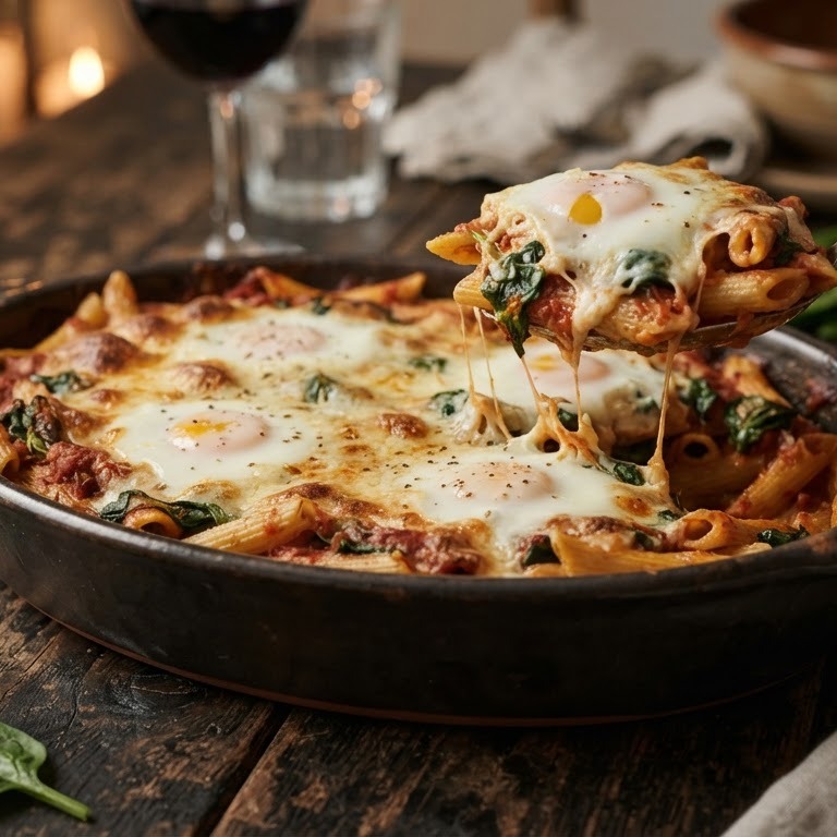 Pasta met spinazie en ei uit de oven