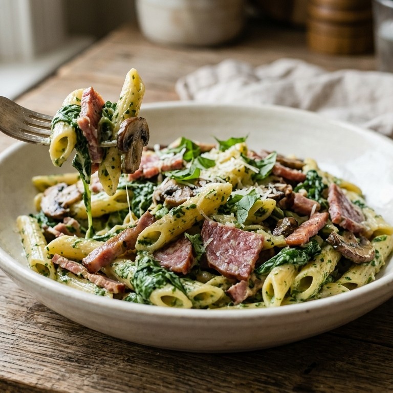 Pasta met spinazie en salami