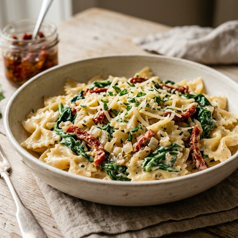 Pasta met tomaatjes en spinazie-kaassaus