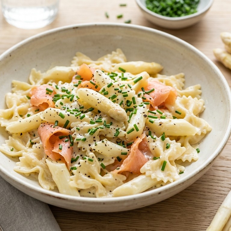 Pasta met witte asperges en gerookte zalm